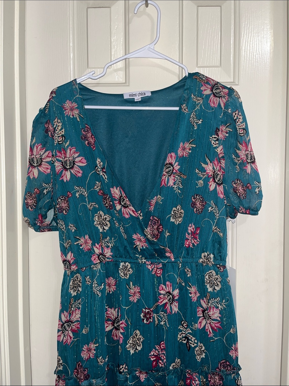 Mimi Chica Teal Floral Tiered Midi Dress Large - Picture 4 of 8